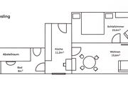 Grundriss der Ferienwohnung Riesling mit Wohn-Ess-Zimmer, Schlafzimmer, Küche und Bad